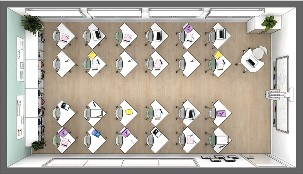 Planol distribució pupitres classe escolar