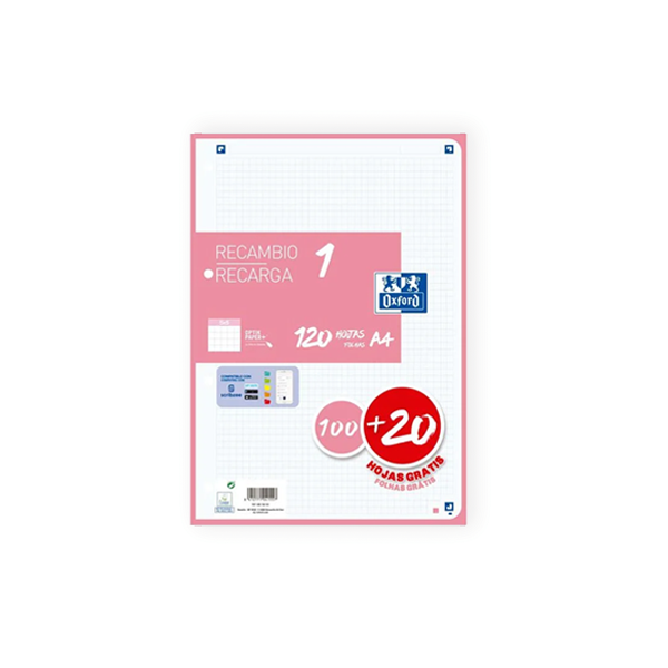 Recambio Oxford A4 4 taladros 100+20 hojas cuadrícula 5x5 Rosa chicle