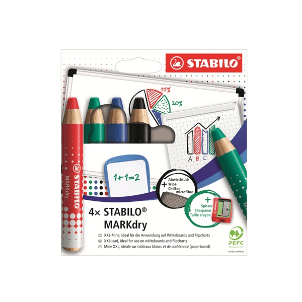 Caja 4 lápices madera pizarra blanca STABILO MARKdry