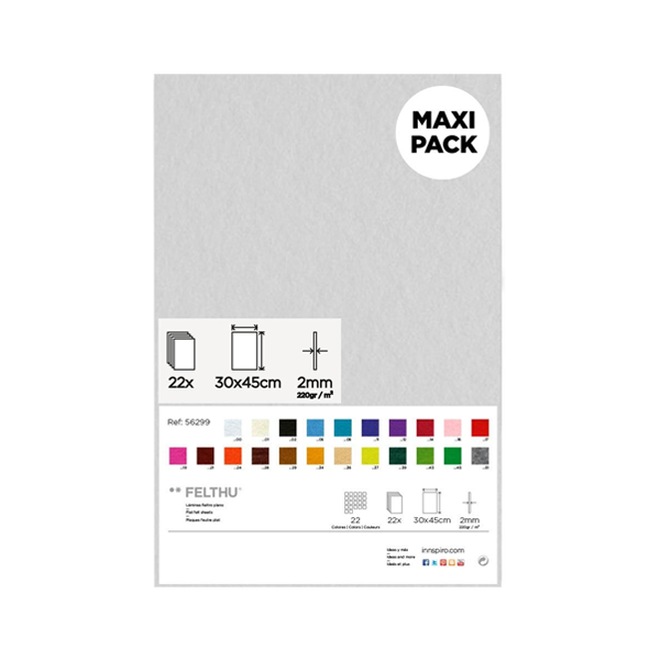 Pack 22 planchas fieltro 30x45 cm colores surtidos