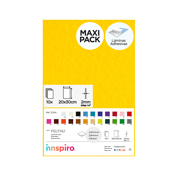 Pack 10 planchas fieltro adhesivo 20x30 cm Amarillo