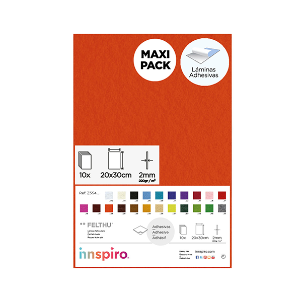 Pack 10 planchas fieltro adhesivo 20x30 cm Naranja