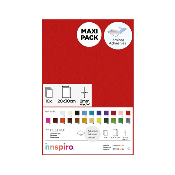 Pack 10 planchas fieltro adhesivo 20x30 cm Rojo