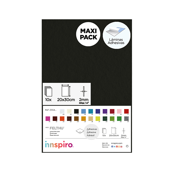Pack 10 planchas fieltro adhesivo 20x30 cm Negro