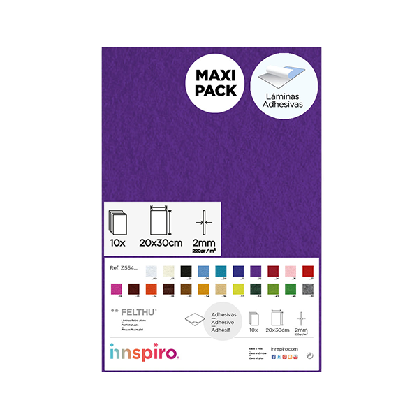 Pack 10 planchas fieltro adhesivo 20x30 cm Violeta