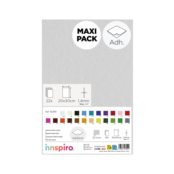 Pack 22 planchas fieltro adhesivo 20x30 cm surtido