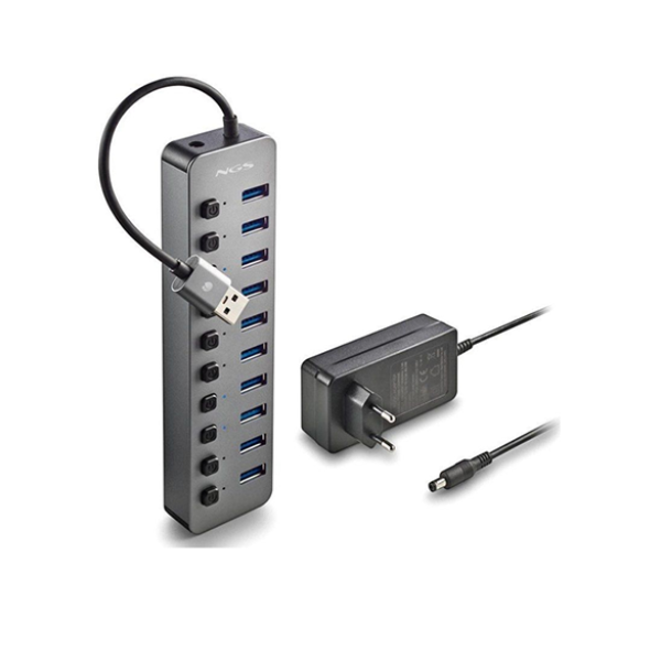 HUB USB 3.0 NGS con conector tipo A macho en un extremo y 10 puertos hembra tipo A en el otro