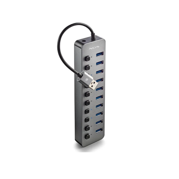 HUB USB 3.0 NGS con conector tipo A macho en un extremo y 10 puertos hembra tipo A en el otro