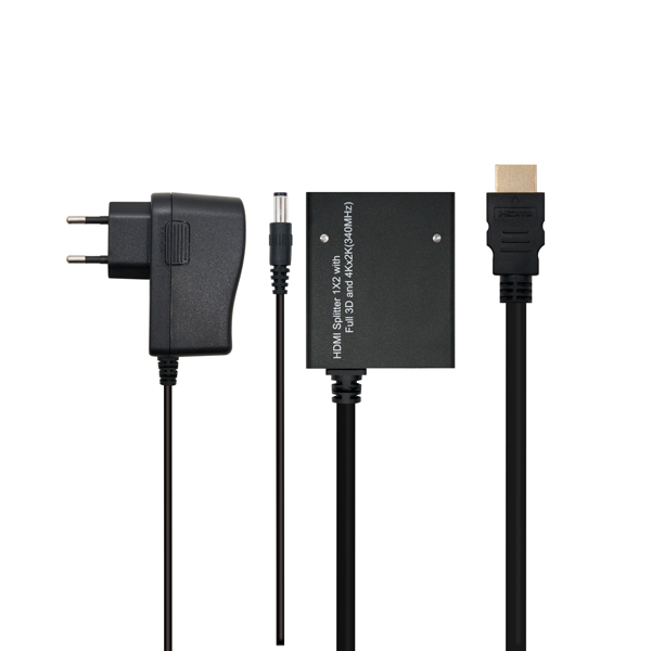 HDMI duplicador alta velocidad 1x2 con alimentación y cable, negro, 50 cm.