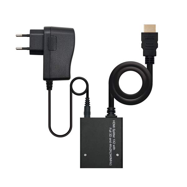 HDMI duplicador alta velocidad 1x2 con alimentación y cable, negro, 50 cm.