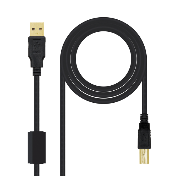 Cable USB 2.0 con ferrita, tipo A macho en un extremo y tipo B en el otro, 1,8/3/5 m negro