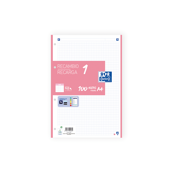 Recanvi Oxford A4 4 forats 100+20 fulls quadrícula 5x5 Rosa xiclet